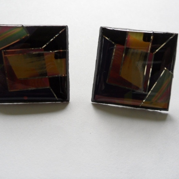 VINTAGE 1980s Purple & Gold Abstract Geometric Square Stud Earrings - Picture 5 of 6